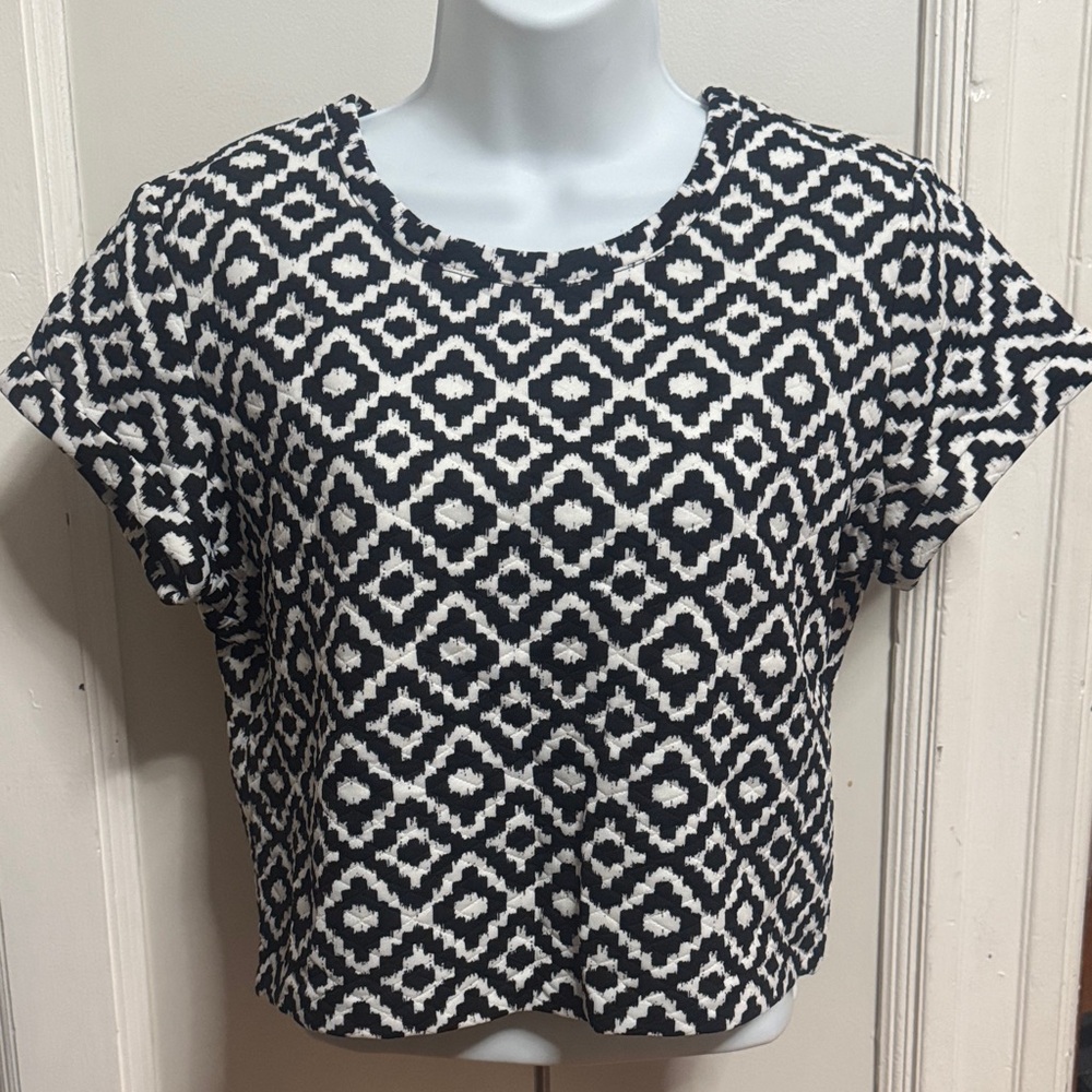 Aqua Black and White Geometric Crop Top
